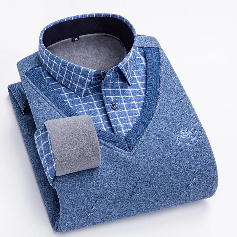 New2022 Autumn Winter Mens Wool Shirt-Neck Sweater Fashionable Plaid Solid Thickened Warm Fleece High Quality Versat